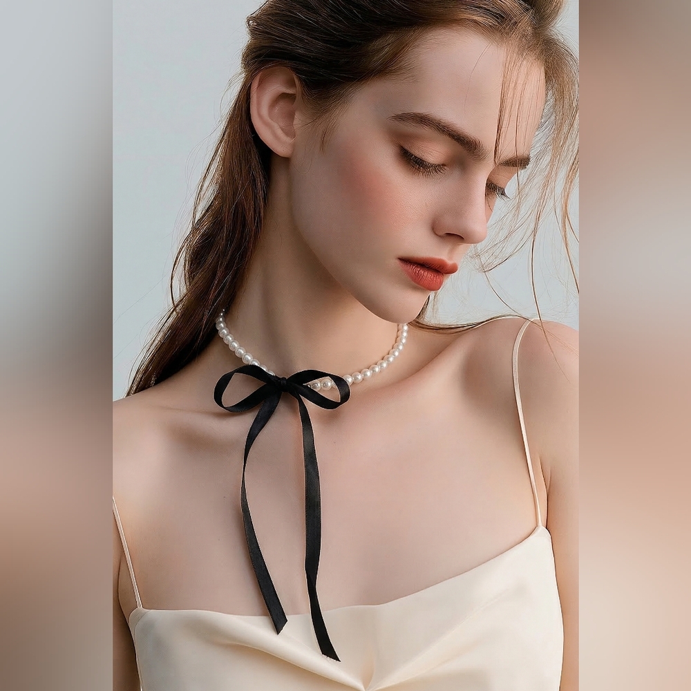Black Bow Pearl Choker Ribbon Tie Faux Pearl Necklace Ballerina Coquette Charm